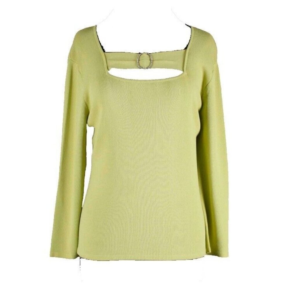 Methode $49 Sz L Lime Oval Rhinestone Bar Scoop Knit Rayon Blend Top